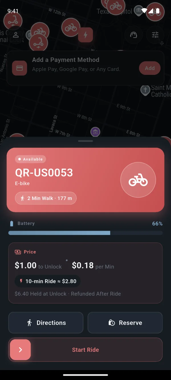 Screenshot of the rider app's vehicle card: an available e-bike with its battery, walking time, unlock and per-minute price, an estimated fare for a 10-minute ride, and Directions, Reserve and Start Ride buttons